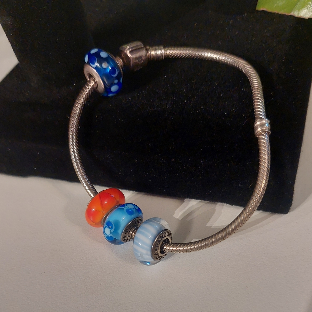 Pandora Silver Bracelet with Blue and Red Beads
